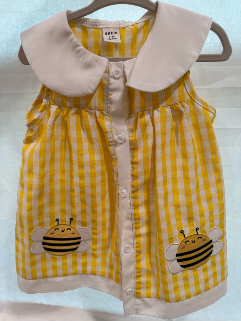 SHEIN Yellow and White Gingham Toddler Dress with White Collar Sz 12-18M